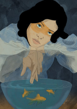 Retrato ilustrado chica recostada sobre una pecera 