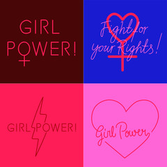 Set of feminist slogan line art illustrations for pins, patches, stickers. Motivational phrases: "Fight for your rights", "Girl power".