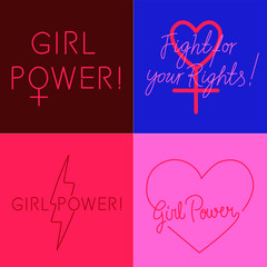 Set of feminist slogan line art illustrations for pins, patches, stickers. Motivational phrases: 