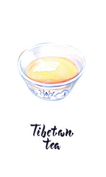 Watercolor illustration of cup of Tibetan tea