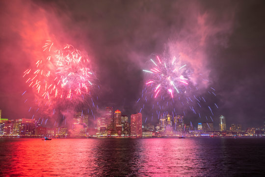 Boston 2020 New Year's Eve Midnight Harbor Fireworks In Boston, Massachusetts MA, USA.