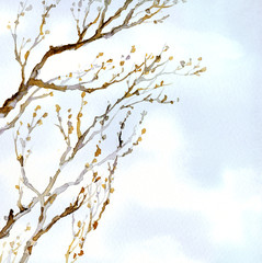 Watercolor landscape. Old bare tree