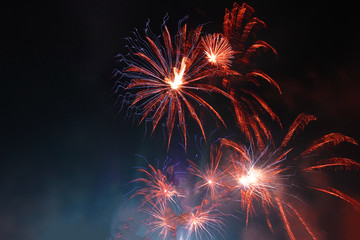 Night shot of beautiful abstract fireworks in festive New Years Eve celebration