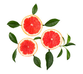 Citrus fruits isolated on white background. Pieces of pink grapefruit isolated on white background, with clipping path. Top view.