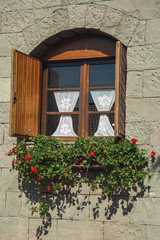 Glazed window with flowers in a country house