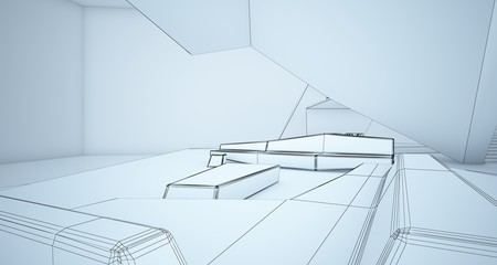 Abstract drawing architectural white interior of a minimalist house with swimming pool and large window. 3D illustration and rendering.