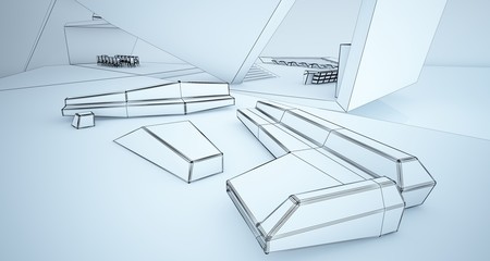 Abstract drawing architectural white interior of a minimalist house with swimming pool and large window. 3D illustration and rendering.