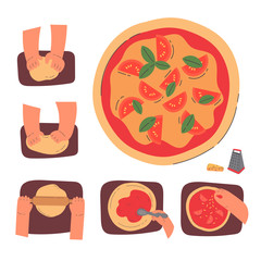 Hands knead dough and making pizza,line drawing isolated symbols for bakery at white background.Stages of preparing pizza.Making pastry,bread,bakery.Cartoon style.Colorful flat vector illustration.