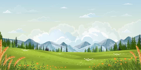 Poster Spring landscape with mountain, blue sky and clouds,Panorama Green fields, fresh and peaceful rural nature in springtime with green grass land. Cartoon vector illustration for spring and summer banner © Anchalee