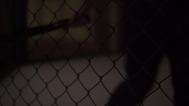 maniac in a cage with a machete