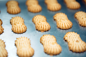 Shortbread.  Production of shortbread cookies at a confectionery factory.  Shortbread cookies on a metal rack after baking in the oven.