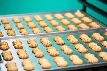 Shortbread.  Production of shortbread cookies at a confectionery factory.  Shortbread cookies on a...