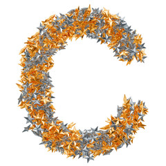 Letter C from gold and silver stars, 3D rendering
