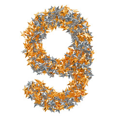 Number 9 from gold and silver stars, 3D rendering