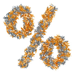 Percent symbol from gold and silver stars, 3D rendering
