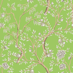 Vintage garden fruit tree floral seamless pattern green background. Exotic chinoiserie wallpaper.