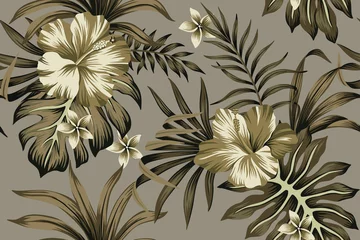 Papier peint Hibiscus Hibiscus de fleurs tropicales et feuilles de palmier floral plumeria fond gris motif transparent. Fond d& 39 écran de la jungle exotique.