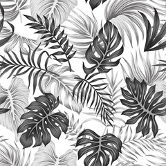 Tropische bloemen gebladerte grijze palm laat naadloze patroon witte achtergrond. Exotisch junglebehang.