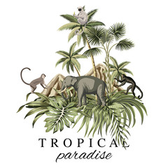 Hawaiian vintage island, palm tree, mountain, palm leaves, wild animal monkey, elephant, sloth summer floral composition. Exotic jungle tropical paradise slogan print. © good_mood