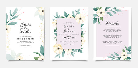 Fototapeta na wymiar Set of card with anemone. Wedding invitation template set with floral frame. White flowers and leaves botanic illustration for background, save the date, greeting, poster, cover vector