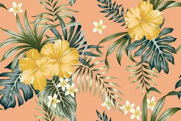 Tapeten Tropische Vintage gelbe Hibiskusblüte, Palmblätter nahtlose mit Blumenmuster Pfirsichhintergrund. Exotische Dschungeltapete. © good_mood
