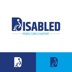 Disabled people typography logo design, initial letter d logo with silhouette human with disability, disabled vector illustration