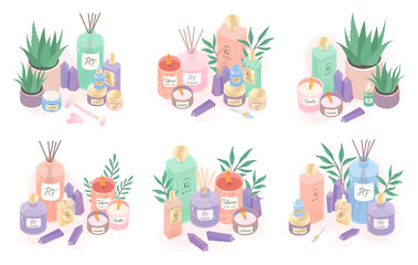 Serum,creams,candles,oil,crystals,diffuser and aloe vector illustration bundle.Beauty routine concept.Skin care treatment,wellness and ralax design elements.Home fragrances,cute hygge home decoration
