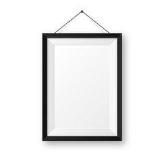 Realistic hanging on a wall blank black picture frame with shadow. Modern poster mockup isolated on white background. Empty photo frame for art gallery or interior. Vector illustration.