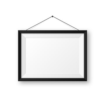 Realistic hanging on a wall blank black picture frame with shadow. Modern poster mockup isolated on white background. Empty photo frame for art gallery or interior. Vector illustration.