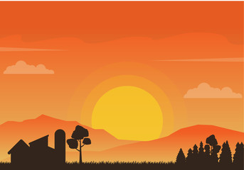 Fototapeta na wymiar Vector illustration of beautiful sunset scene at village with house and trees silhouette. Sunset landscape background 