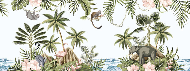 Obraz premium Tropical vintage botanical landscape, palm tree, plant, palm leaves, sloth, monkey, elephant wild animal, mountain island, sea waves floral seamless border blue background. Jungle animal wallpaper.