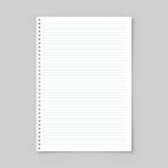 Realistic blank lined paper sheet with shadow in A4 format isolated on gray background. Notebook or book page. Design template or mockup. Vector illustration.