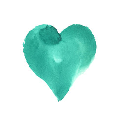 Watercolor heart shape hand drawn with soft rough edges, emerald green colored, isolated on white background, perfect for cards, wedding decoration and invitations, textile, posters