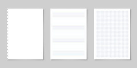 Obraz premium Realistic blank lined paper sheet with shadow in A4 format isolated on gray background. Notebook or book page. Design template or mockup. Vector illustration.