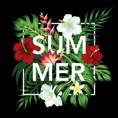 Tropical summer slogan hibiscus flower, exotic flower, palm leaves floral illustration. Exotic frame print. © good_mood