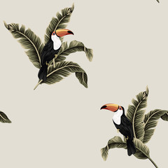 Tropical vintage exotic bird toucan, banana leaves floral seamless pattern beige background. Exotic jungle wallpaper. © good_mood