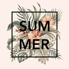 Tropical summer slogan hibiscus flower, palm leaves, banana leaves vintage floral illustration. Exotic frame print.