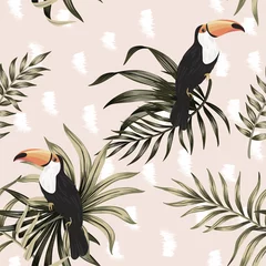Fotobehang Slaapkamer Tropische vintage exotische vogel toekan, palmbladeren naadloze bloemmotief roze achtergrond. Exotisch junglebehang.
