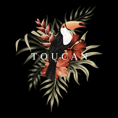 Tropical toucan slogan floral palm leaves, hibiscus flowers, parrot vintage illustration. Exotic summer print. © good_mood