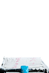 White paint, roller, tray, for painting white ceiling or trim isolated on white background