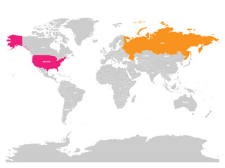 United States and Russia highlighted on political map of World. Vector illustration