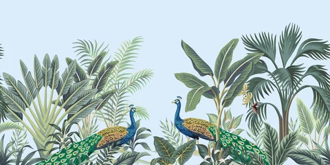 Vlies Fototapete Vintage botanische Landschaft Tropischer Vintage-Pfauvogel, Palme und Pflanze floral nahtlose Grenze blauer Hintergrund. Exotische Dschungeltapete.