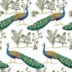 Tropical vintage peacock bird, plant floral landscape seamless pattern white background. Exotic jungle wallpaper.