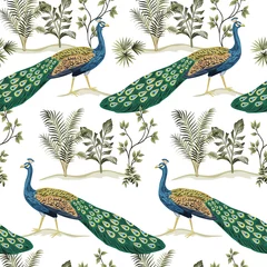 Washable wall murals Peacock Tropical vintage peacock bird, plant floral landscape seamless pattern white background. Exotic jungle wallpaper.