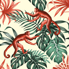 Tropical vintage red monkey animal, green palm leaves floral seamless pattern yellow background. Exotic jungle wallpaper. © good_mood