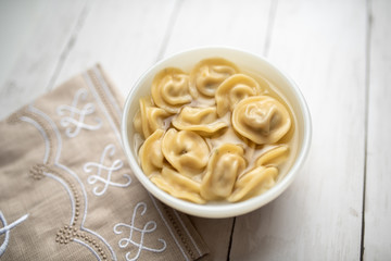 Russian pelmeni or meat dumplings, traditional family dish