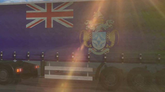 Tristan da Cunha flag shown on the side of a large truck driving on a highway