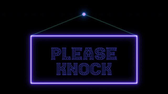 Hang tag Please knock door neon sign fluorescent light glowing on signboard. Hanging notice tag Please knock by neon lights. The best stock of animation door notice Please knock neon flickering