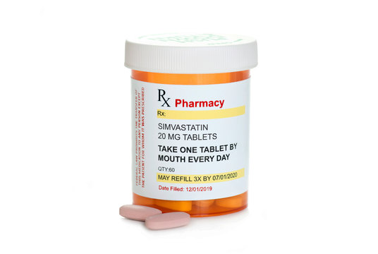 Generic Simvastatin Prescription bottle container isolated on white
