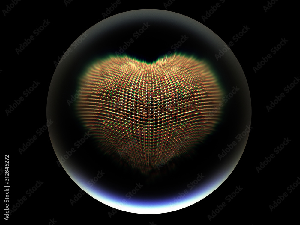 Wall mural 3d render of abstract golden heart in wire structure with small glass and gold balls in big glass ma